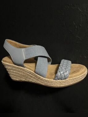 Sonoma Light Blue Tan Leather Braided Espadrille Wedges Sandals 7.5 Boho Beachy